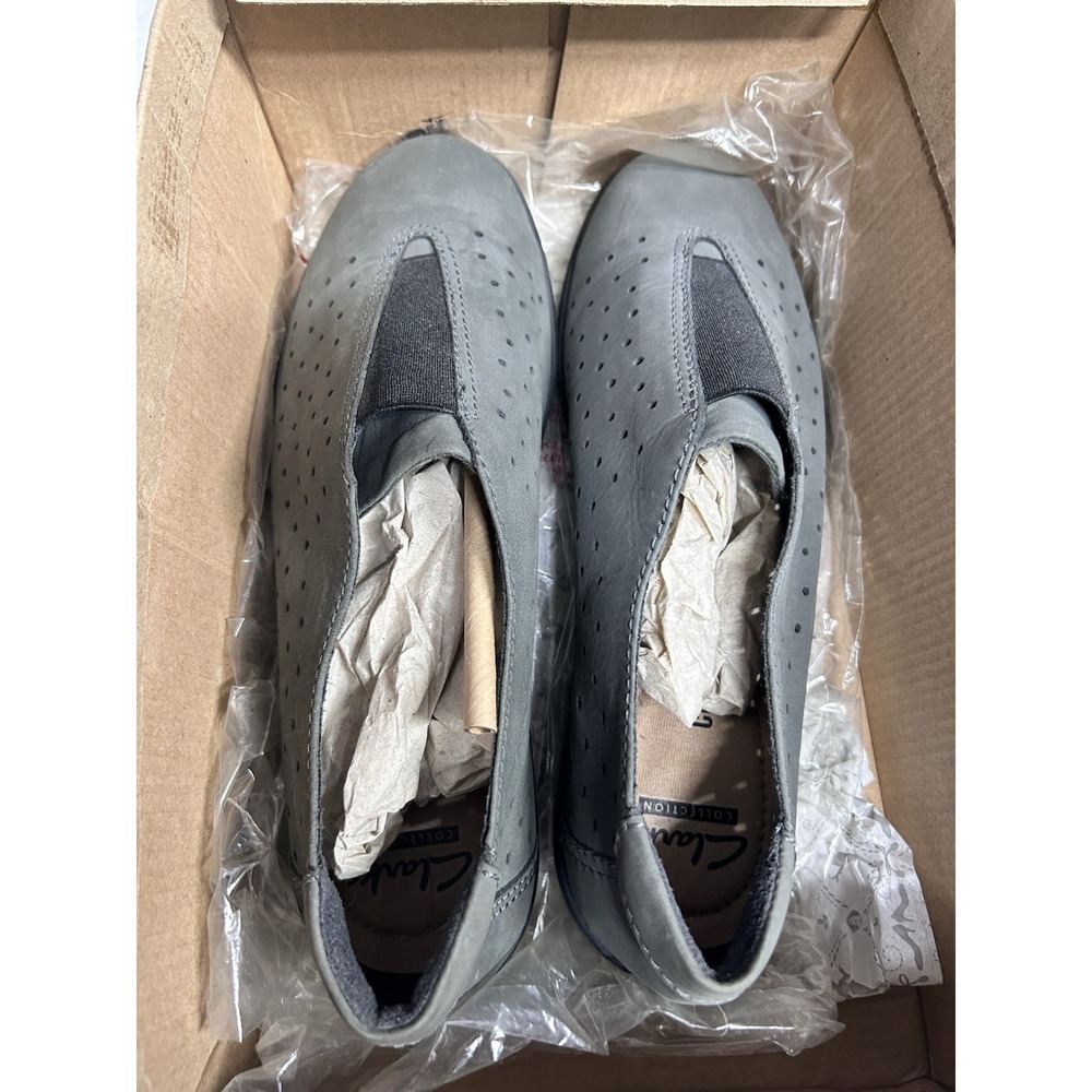Clarks Collection Women's Slip-On Casual Shoes Gray/Black Faux Suede Cushioned 7